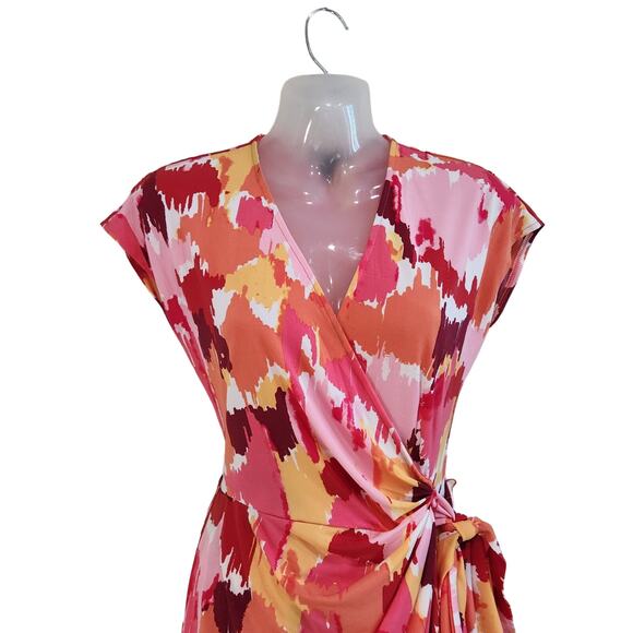 Maggy London Printed Abstract Jersey Wrap Dress V-Neck Watercolor Pink Size 4 - Picture 3 of 10
